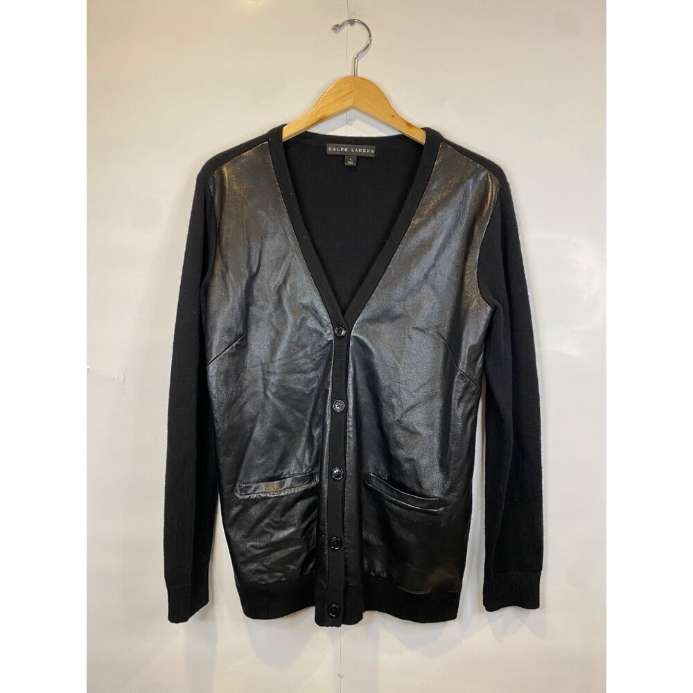 Ralph Lauren Black Label Cashmere Leather Front Cardigan Sweater Women's Large
